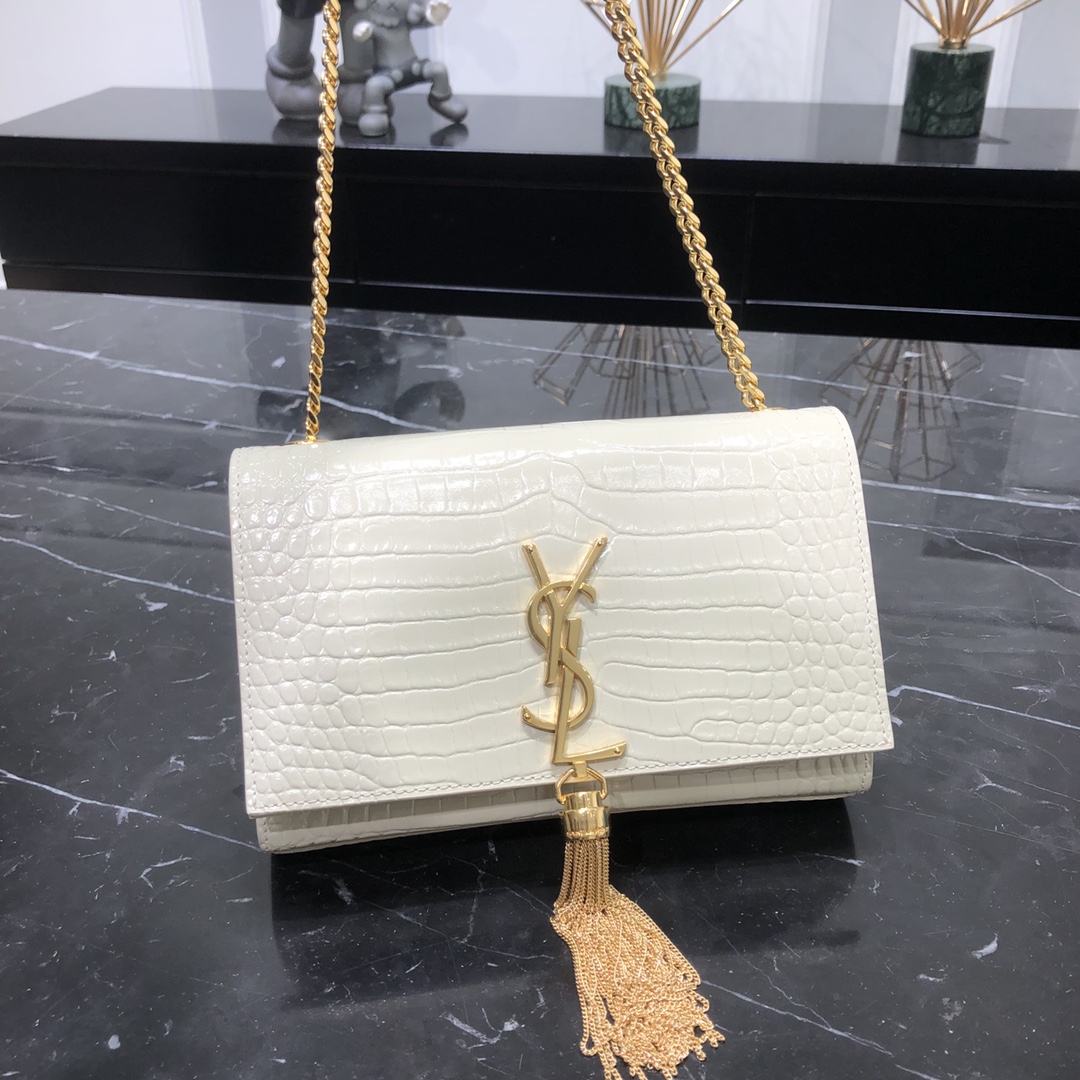 Saint Laurent Kate Tassel Small Crocodile Embossed Calfskin Shoulder Bag Handbag White 474366 Gold